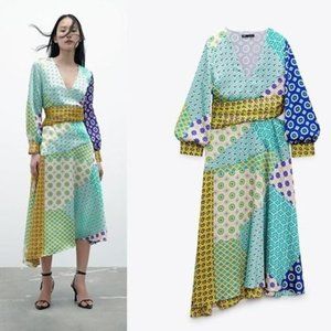 ZARA WOMAN V-NECK LONG CUFFED SLEEVES PATCHWORK PRINT MIDI DRESS S 3164/229 NEW